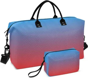 DOMIKING Blue Red Gradient Travel Duffle Bag Foldable Weekender Overnight Bags for Women Men Carry On Tote Bag Personal Item Travel Bag with Toiletry Bag for Trip Gym Business Yoga, 2 Pcs
