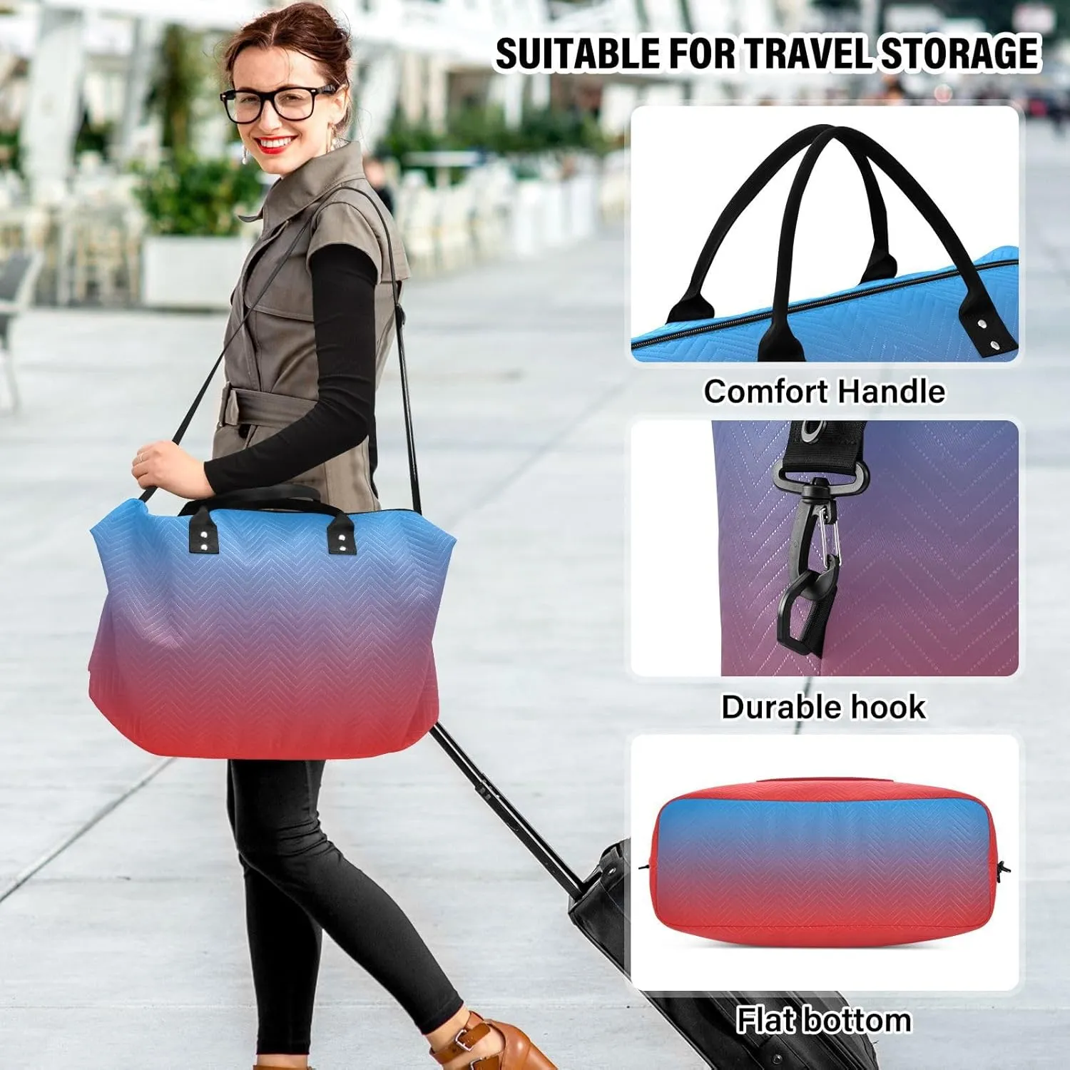 DOMIKING Blue Red Gradient Travel Duffle Bag Foldable Weekender Overnight Bags for Women Men Carry On Tote Bag Personal Item Travel Bag with Toiletry Bag for Trip Gym Business Yoga, 2 Pcs