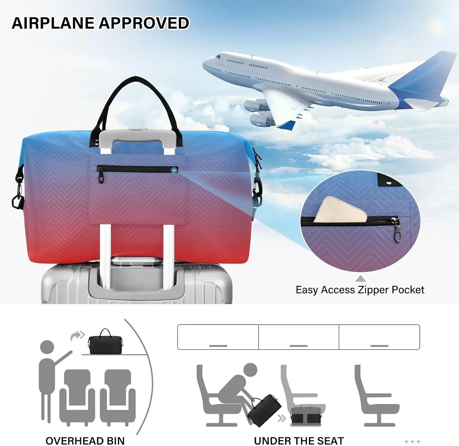 DOMIKING Blue Red Gradient Travel Duffle Bag Foldable Weekender Overnight Bags for Women Men Carry On Tote Bag Personal Item Travel Bag with Toiletry Bag for Trip Gym Business Yoga, 2 Pcs
