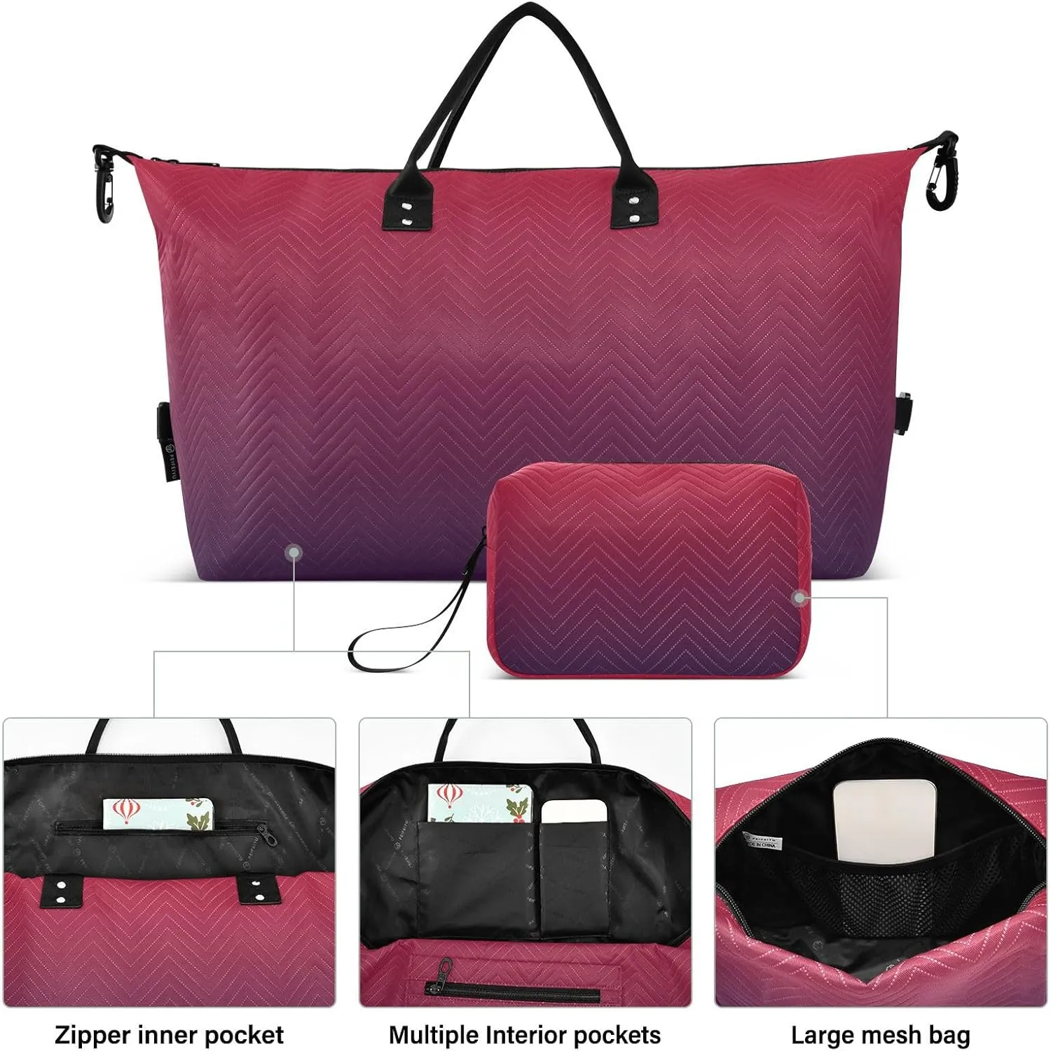 DOMIKING Red Purple Gradient Travel Duffle Bag Foldable Weekender Overnight Bags for Women Men Carry On Bag Personal Item Travel Bag with Toiletry Bag for Trip Gym Business Yoga, 2 Pcs
