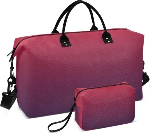 DOMIKING Red Purple Gradient Travel Duffle Bag Foldable Weekender Overnight Bags for Women Men Carry On Bag Personal Item Travel Bag with Toiletry Bag for Trip Gym Business Yoga, 2 Pcs