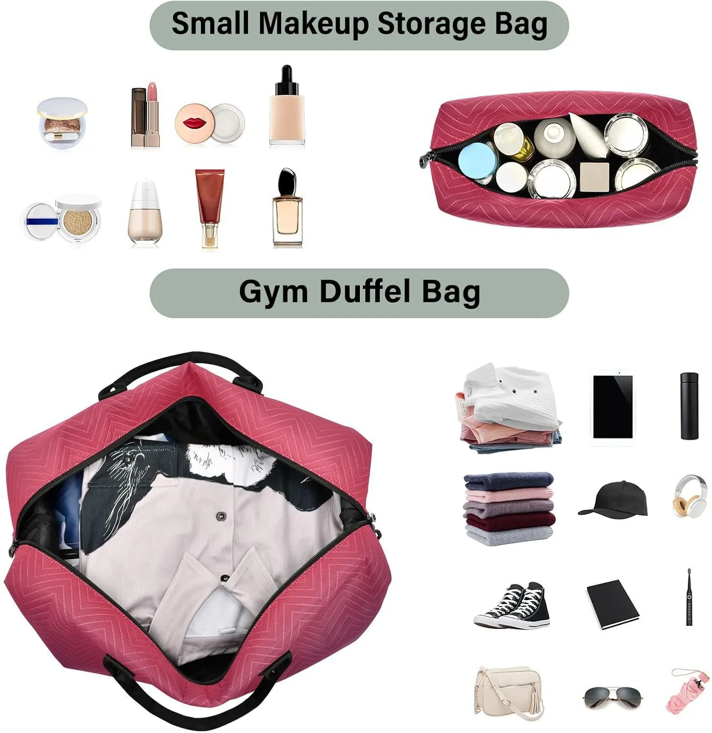 DOMIKING Red Purple Gradient Travel Duffle Bag Foldable Weekender Overnight Bags for Women Men Carry On Bag Personal Item Travel Bag with Toiletry Bag for Trip Gym Business Yoga, 2 Pcs