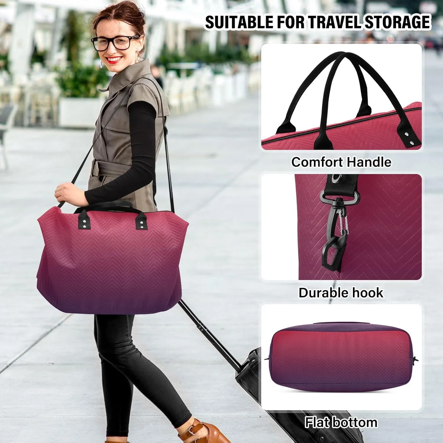 DOMIKING Red Purple Gradient Travel Duffle Bag Foldable Weekender Overnight Bags for Women Men Carry On Bag Personal Item Travel Bag with Toiletry Bag for Trip Gym Business Yoga, 2 Pcs