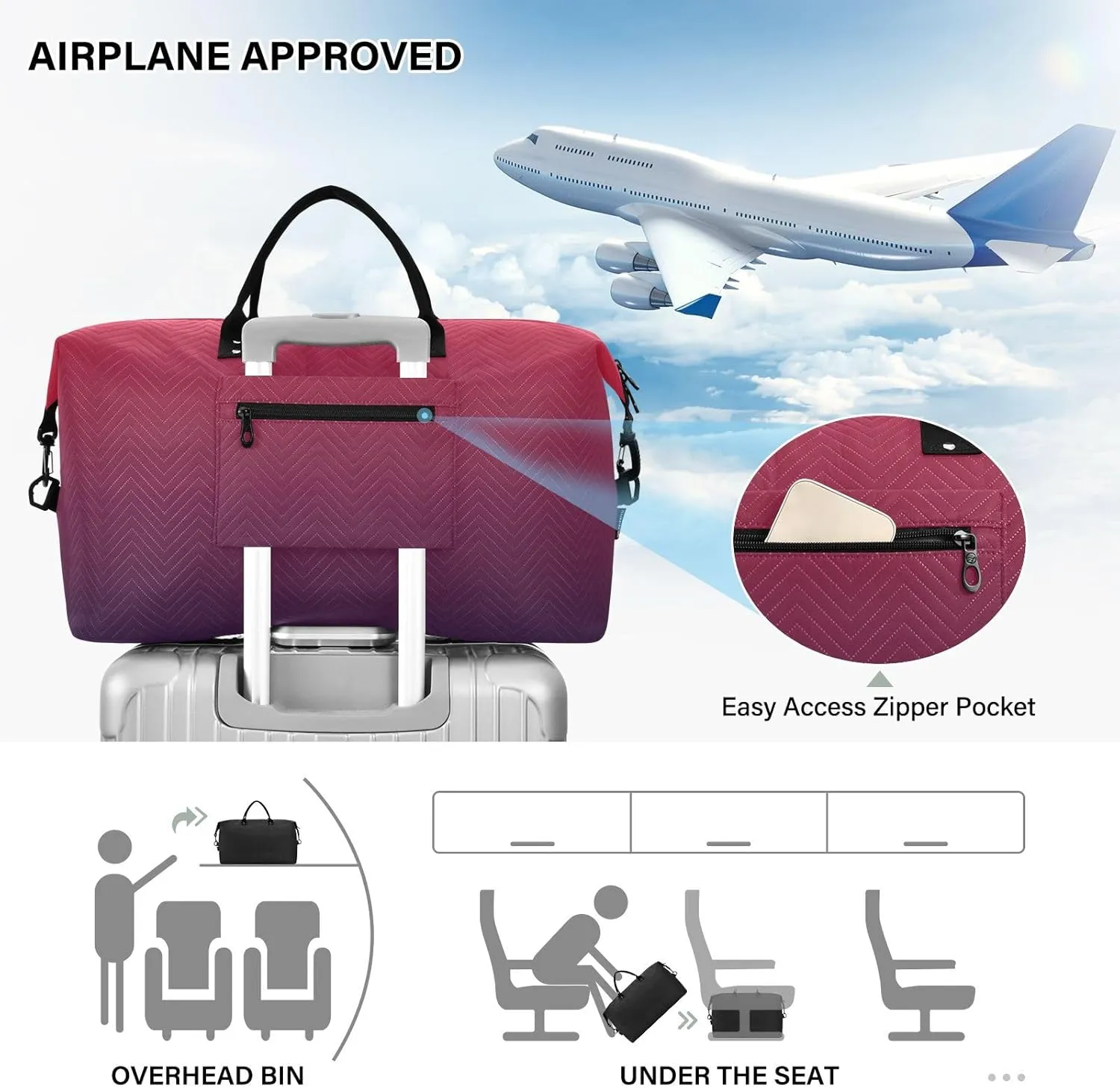 DOMIKING Red Purple Gradient Travel Duffle Bag Foldable Weekender Overnight Bags for Women Men Carry On Bag Personal Item Travel Bag with Toiletry Bag for Trip Gym Business Yoga, 2 Pcs