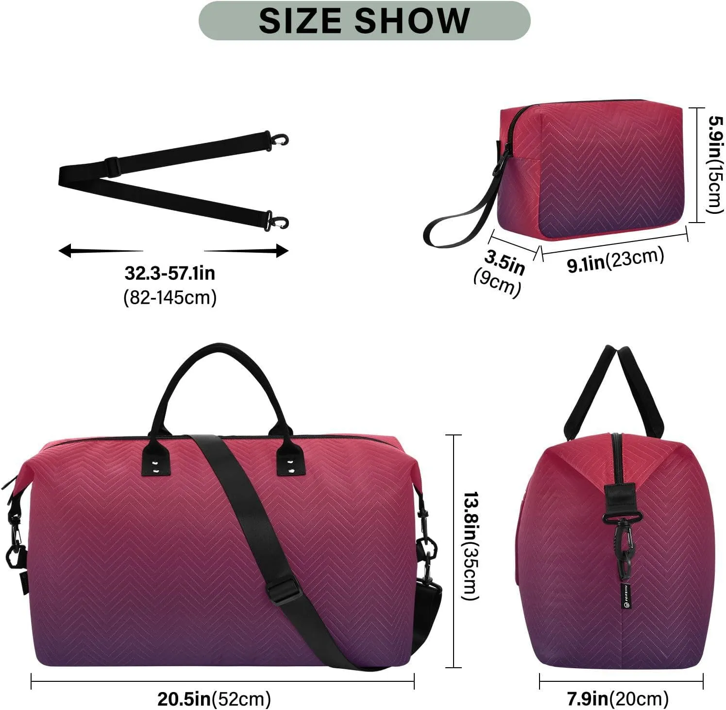 DOMIKING Red Purple Gradient Travel Duffle Bag Foldable Weekender Overnight Bags for Women Men Carry On Bag Personal Item Travel Bag with Toiletry Bag for Trip Gym Business Yoga, 2 Pcs