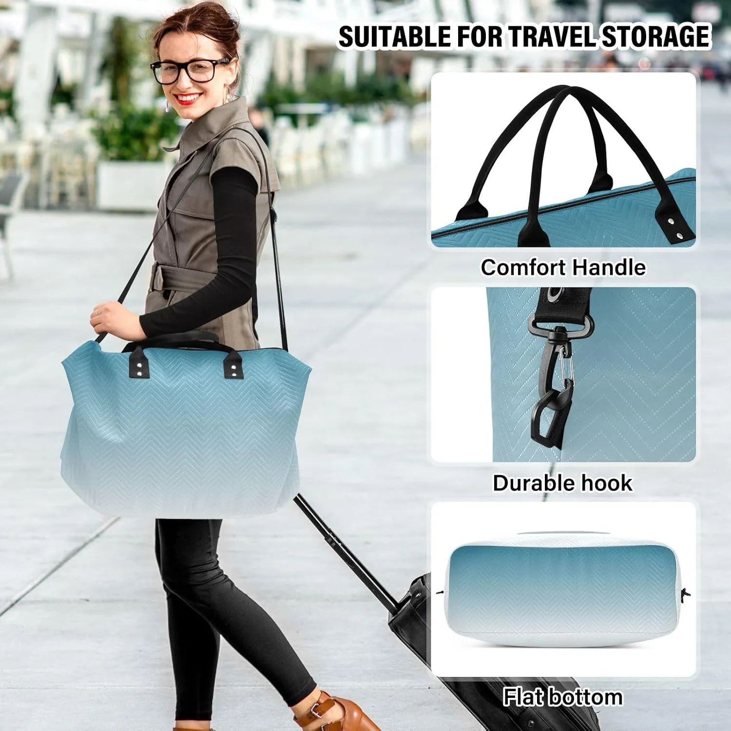 DOMIKING White Blue Gradient Travel Duffle Bag Foldable Weekender Overnight Bags for Women Men Carry On Gym Bag Personal Item Travel Bag with Toiletry Bag for Business Trip Travel Gym, 2 Pcs