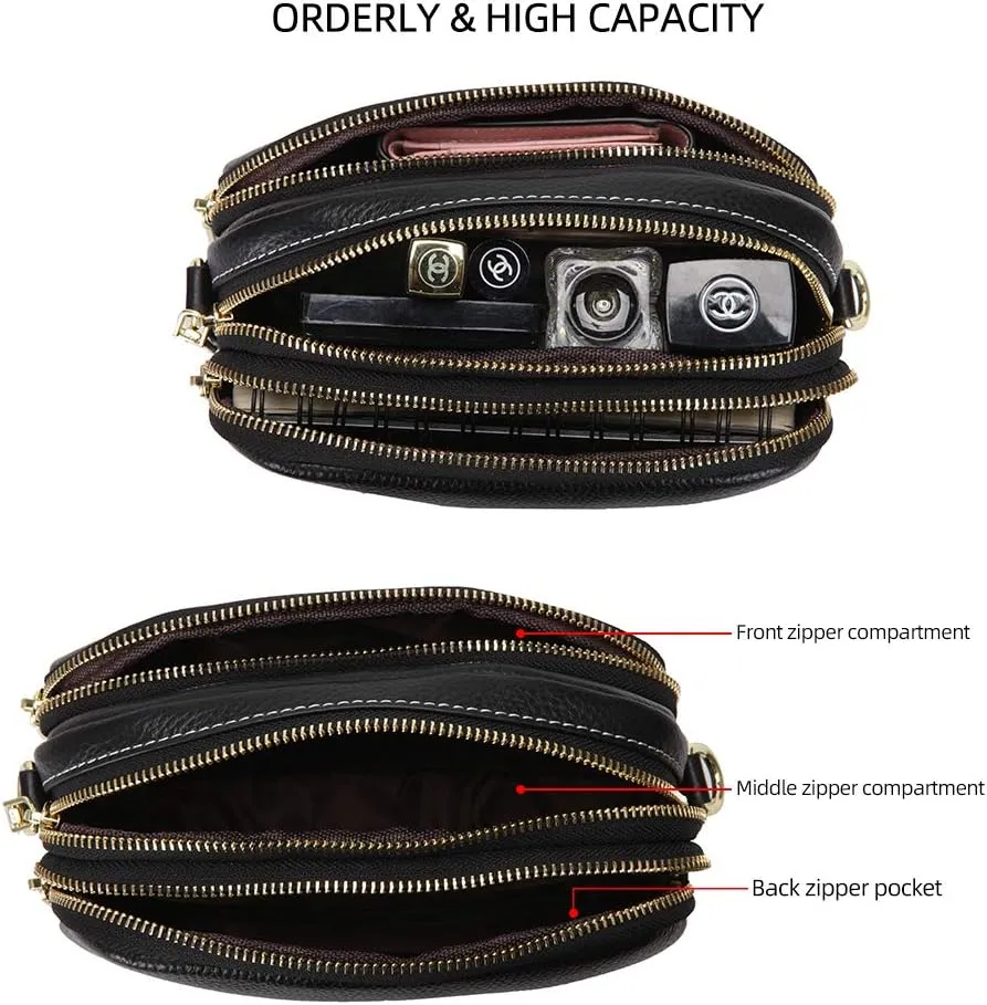 DORIS&JACKY Leather Crossbody Bag For Women Small Soft Triple Zipper Shoulder Handbags With Adjustable Strap