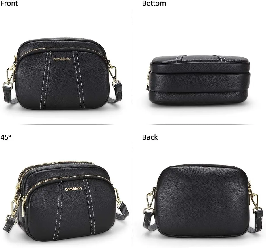 DORIS&JACKY Leather Crossbody Bag For Women Small Soft Triple Zipper Shoulder Handbags With Adjustable Strap