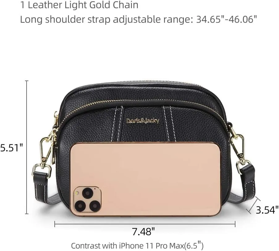 DORIS&JACKY Leather Crossbody Bag For Women Small Soft Triple Zipper Shoulder Handbags With Adjustable Strap