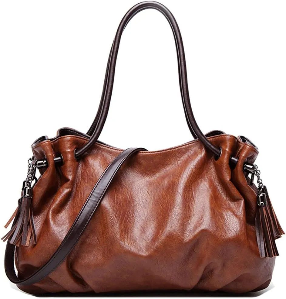 Downupdown Women Handbags Vintage Tote Bags Fold Shape Purse Shoulder Bag Vegan Leather Tassels Satchel Large Hobo Handbag