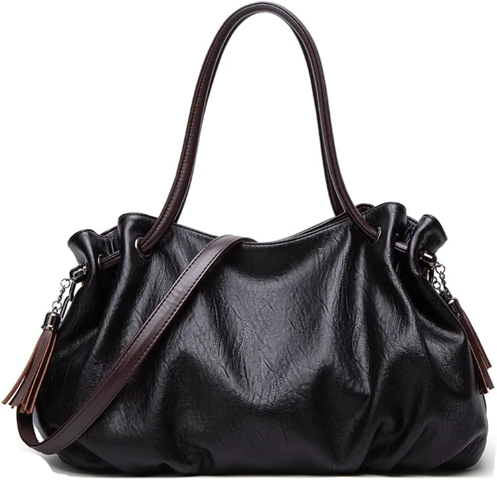 Downupdown Women Handbags Vintage Tote Bags Fold Shape Purse Shoulder Bag Vegan Leather Tassels Satchel Large Hobo Handbag