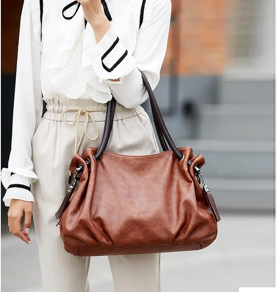 Downupdown Women Handbags Vintage Tote Bags Fold Shape Purse Shoulder Bag Vegan Leather Tassels Satchel Large Hobo Handbag