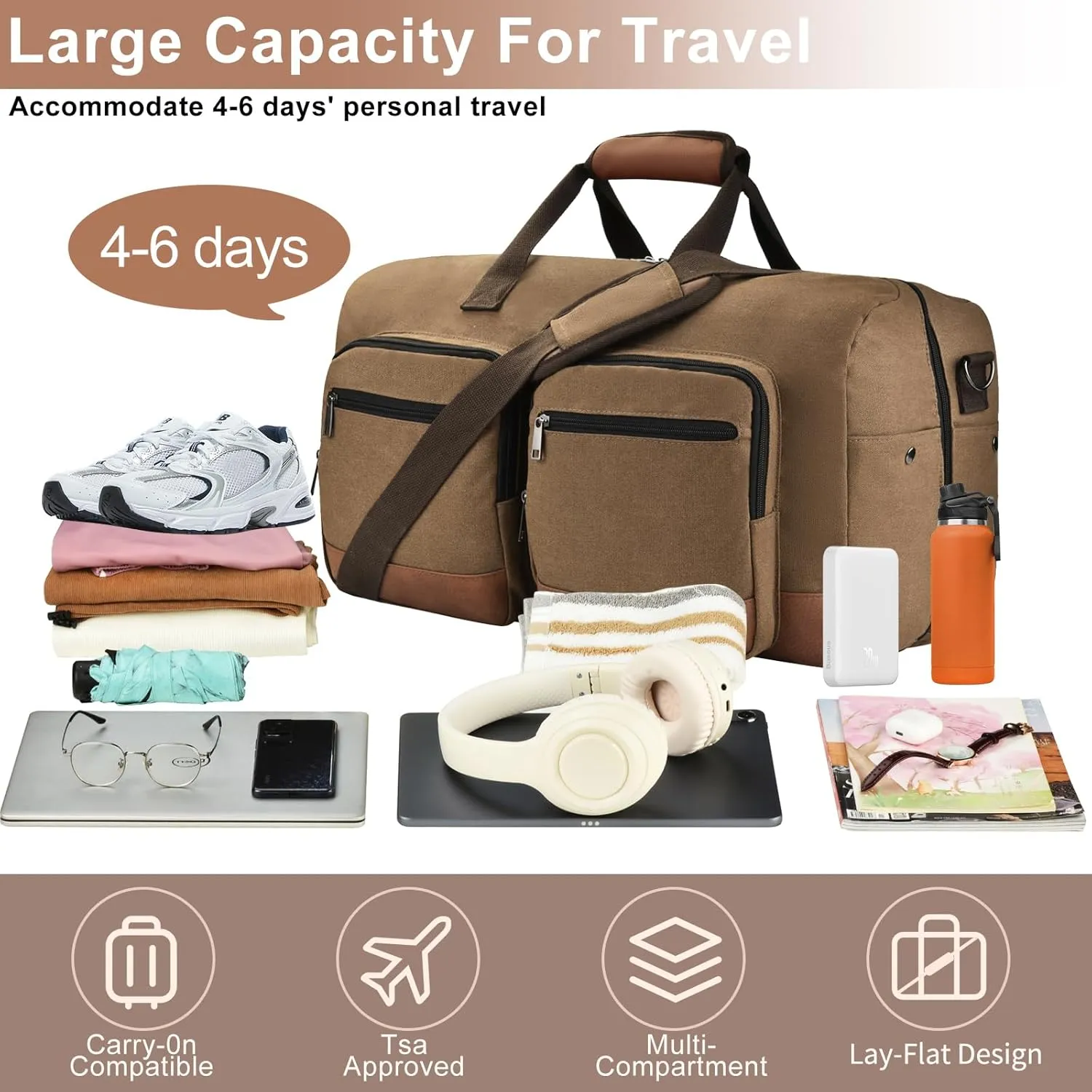 Duffle Bag for Travel, Canvas Travel Duffel Bags with Lay-Flat Design, Large Travel Duffle Overnight Weekend Gym Carry On Duffel Bag for Men & Women(Coffee)