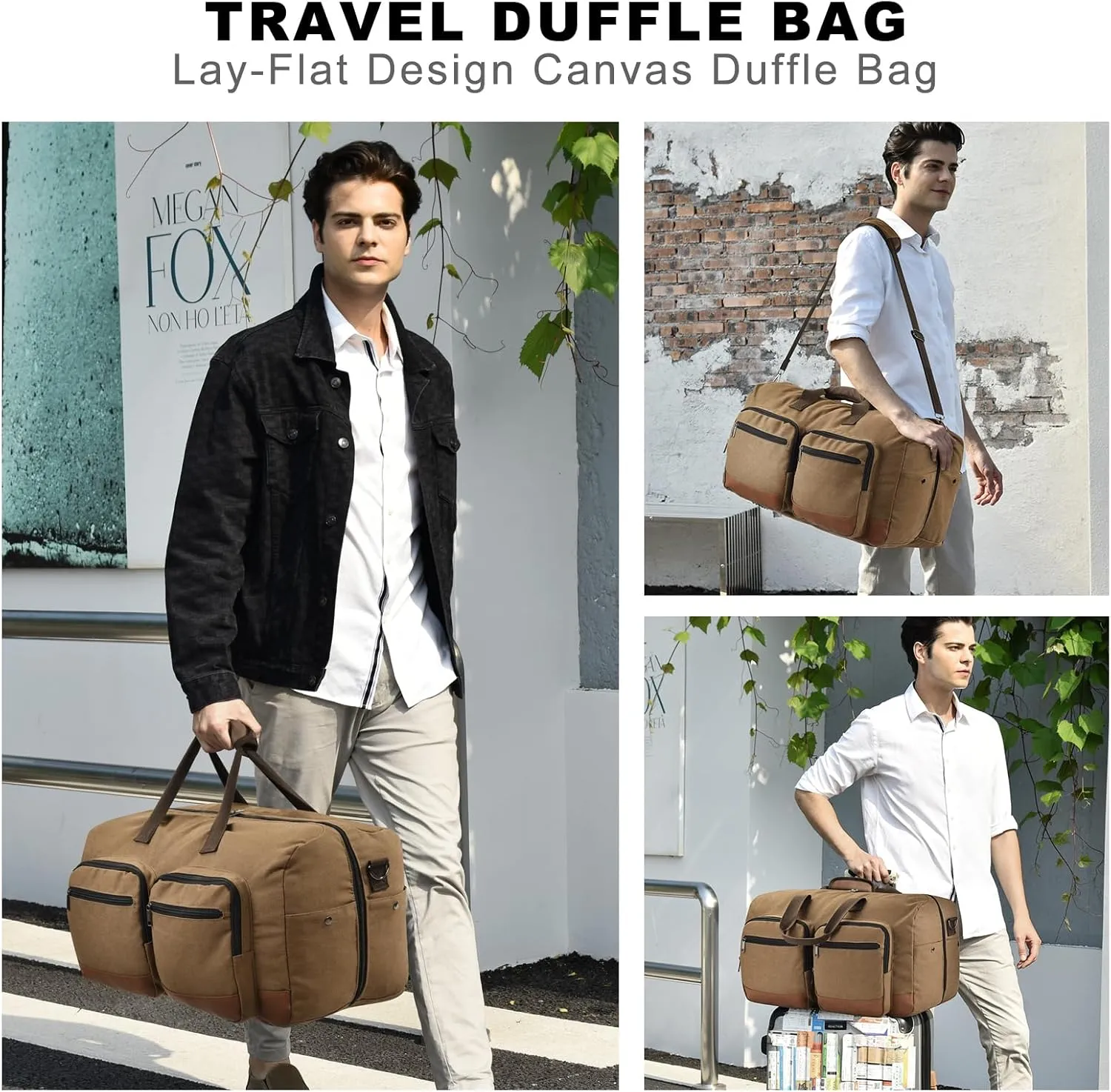 Duffle Bag for Travel, Canvas Travel Duffel Bags with Lay-Flat Design, Large Travel Duffle Overnight Weekend Gym Carry On Duffel Bag for Men & Women(Coffee)