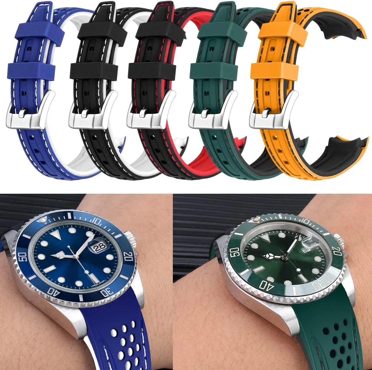 Durable Two Tone Silicone Curved Ends 20mm 22mm Racing Sport Rubber Watch Bands Strap Blue Orange Red Black Green for Men Women