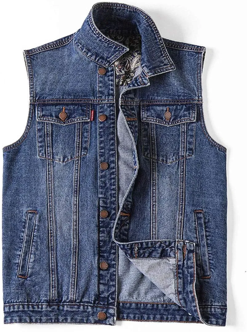 ebossy Men's Relaxed Fit Vintage Wash Premium Denim Vest Jacket with Paisley Detail