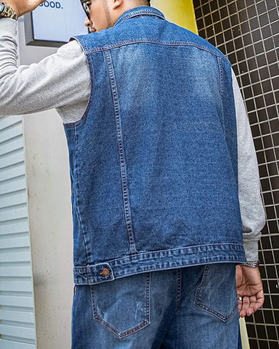 ebossy Men's Relaxed Fit Vintage Wash Premium Denim Vest Jacket with Paisley Detail