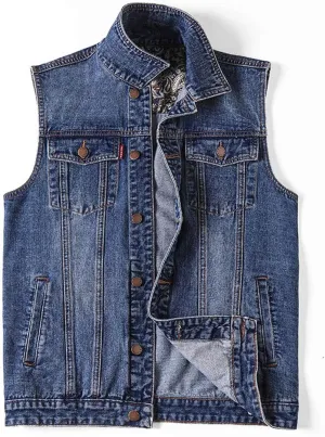 ebossy Men's Relaxed Fit Vintage Wash Premium Denim Vest Jacket with Paisley Detail