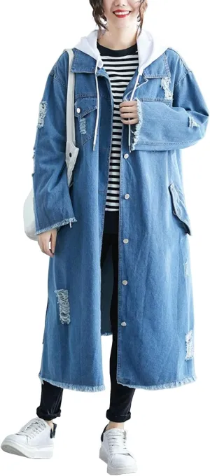 ebossy Women's Relaxed Boyfriend Distressed Denim Jacket Long Coat with Removable Hood