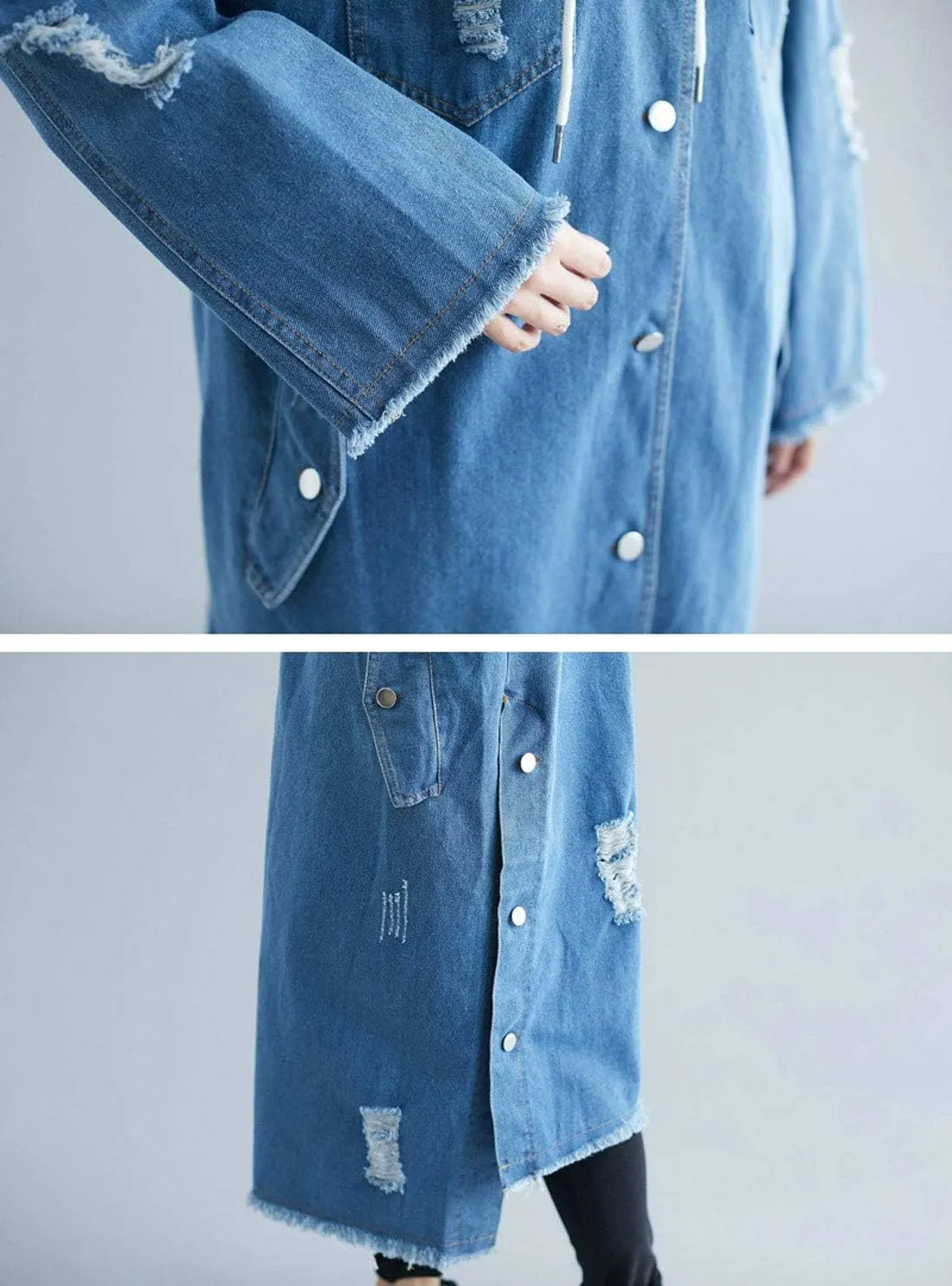 ebossy Women's Relaxed Boyfriend Distressed Denim Jacket Long Coat with Removable Hood