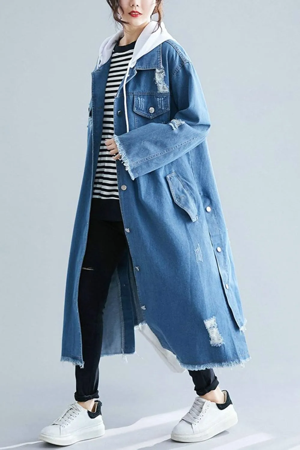 ebossy Women's Relaxed Boyfriend Distressed Denim Jacket Long Coat with Removable Hood