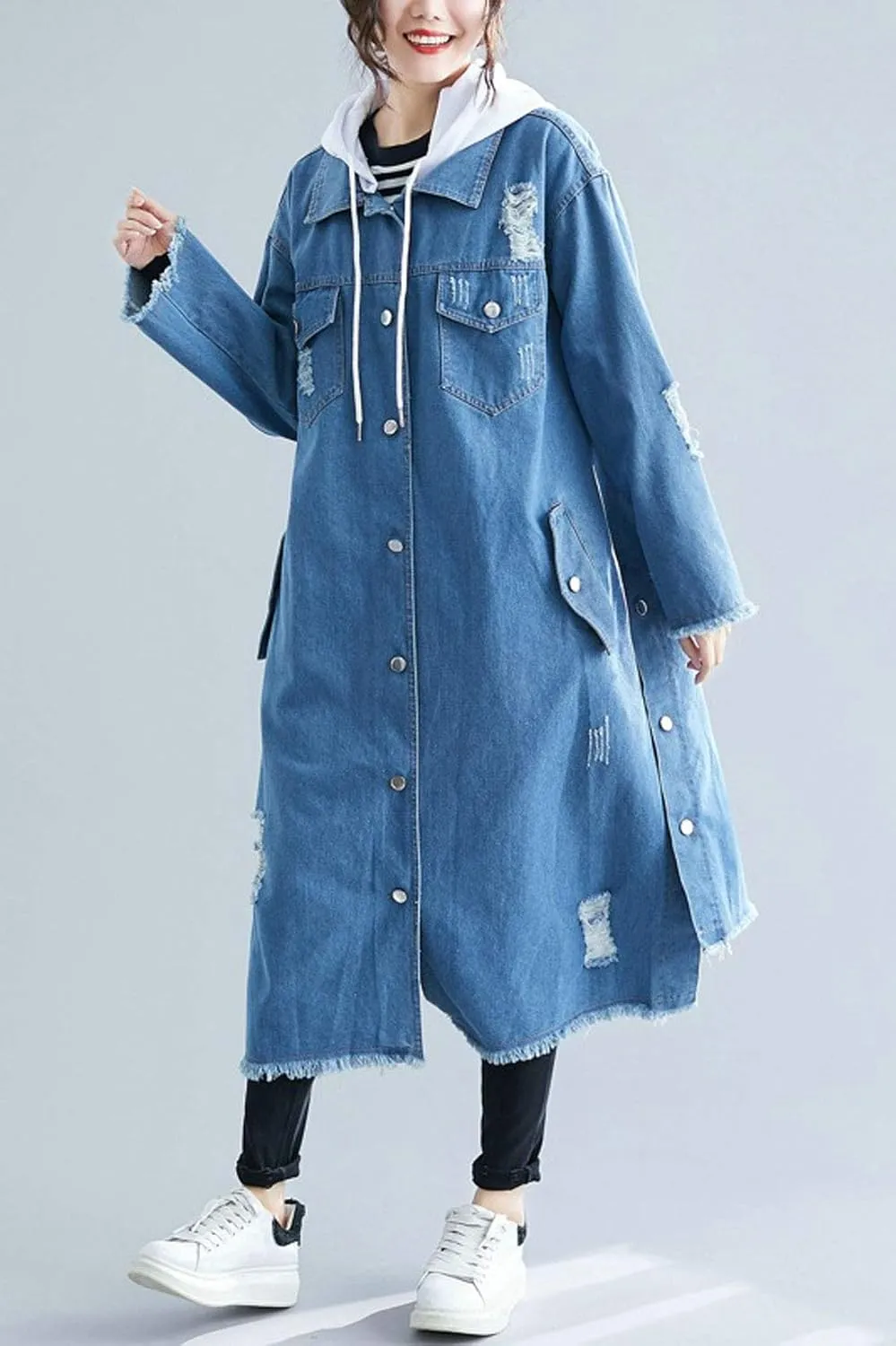 ebossy Women's Relaxed Boyfriend Distressed Denim Jacket Long Coat with Removable Hood