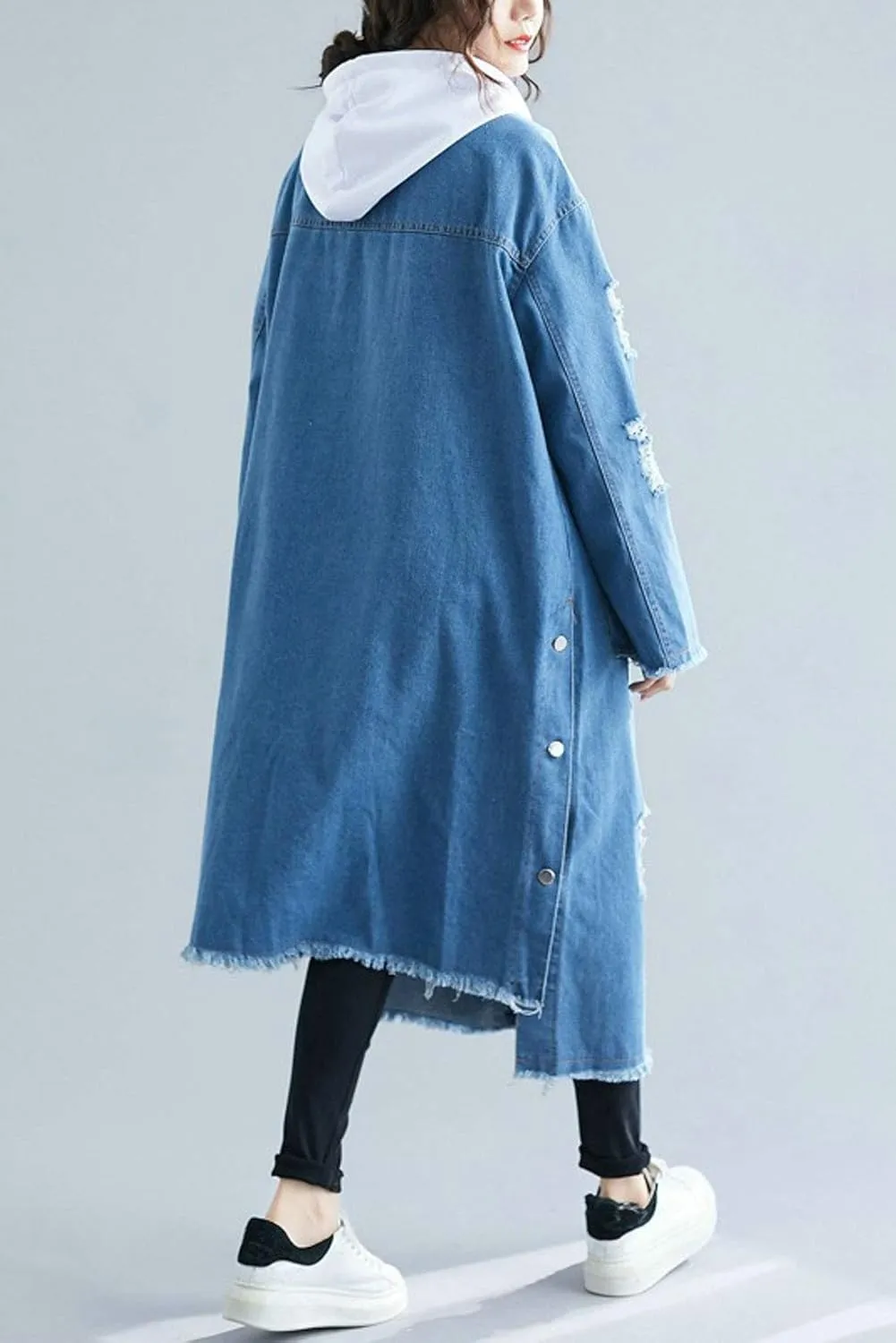 ebossy Women's Relaxed Boyfriend Distressed Denim Jacket Long Coat with Removable Hood