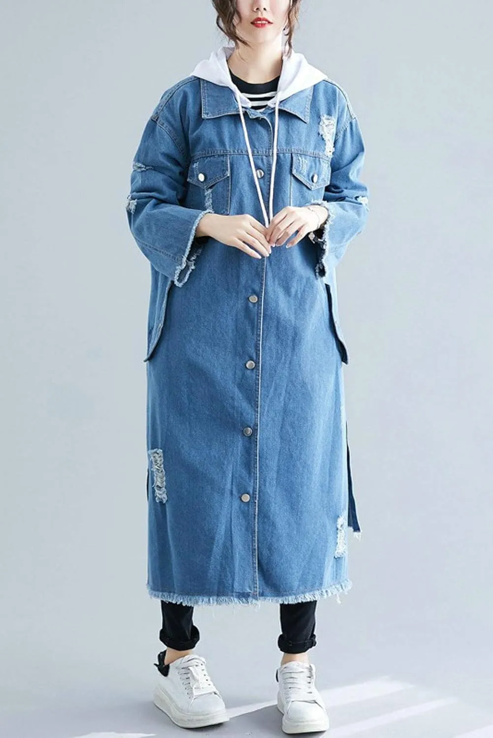 ebossy Women's Relaxed Boyfriend Distressed Denim Jacket Long Coat with Removable Hood