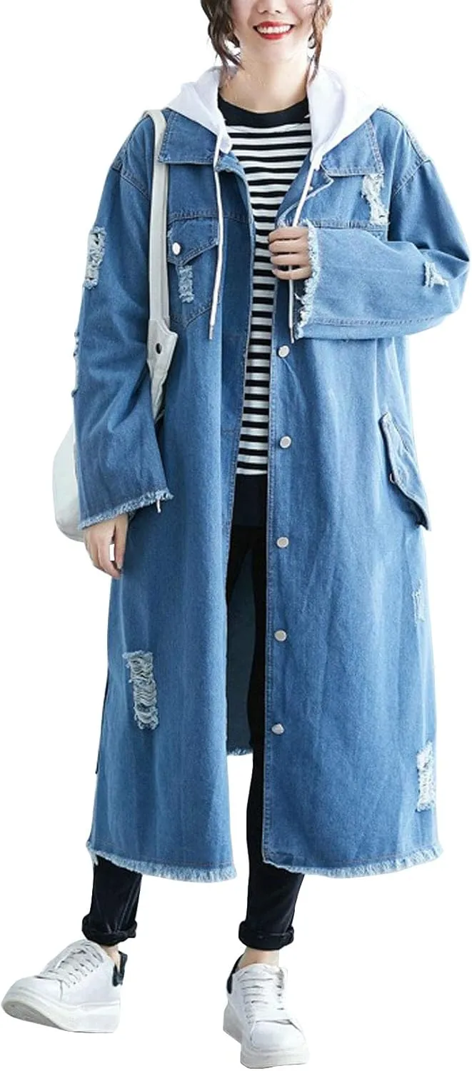 ebossy Women's Relaxed Boyfriend Distressed Denim Jacket Long Coat with Removable Hood