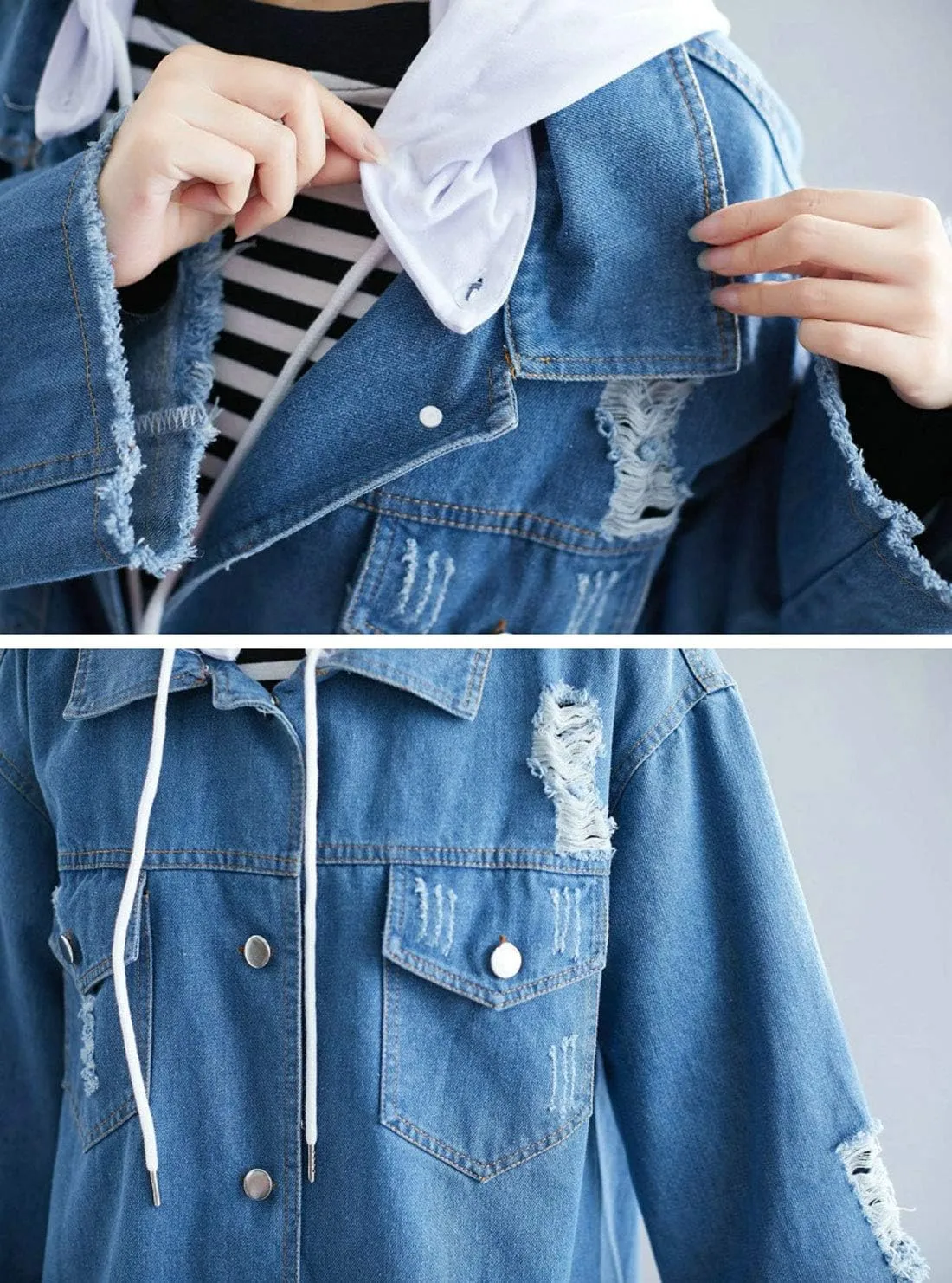 ebossy Women's Relaxed Boyfriend Distressed Denim Jacket Long Coat with Removable Hood