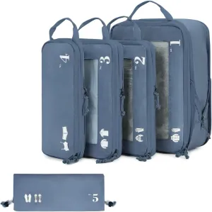 ECOHUB 5 Set Compression Packing Cubes for Suitcases Organiser Bags Set Travel Essentials with Shoe Bags for Travel Tear-resistant Travel Accessories with ID Tag Expandable Packing Bags(All Blue)