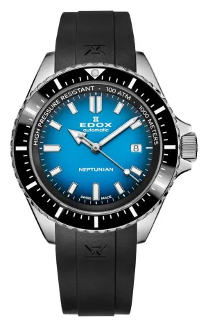 Edox Skydiver Neptunian Automatic Stainless Steel Blue Dial Black Rubber Strap Date Divers Mens Watch 80120-3NCA-BUIDN