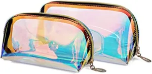 esowemsn 2pcs Iridescent Cosmetic Bag Make Up Purse Organizer Portable Waterproof Cosmetic Pouch Travel Bathroom Office Bag Organizer for Girls Women(S/L)