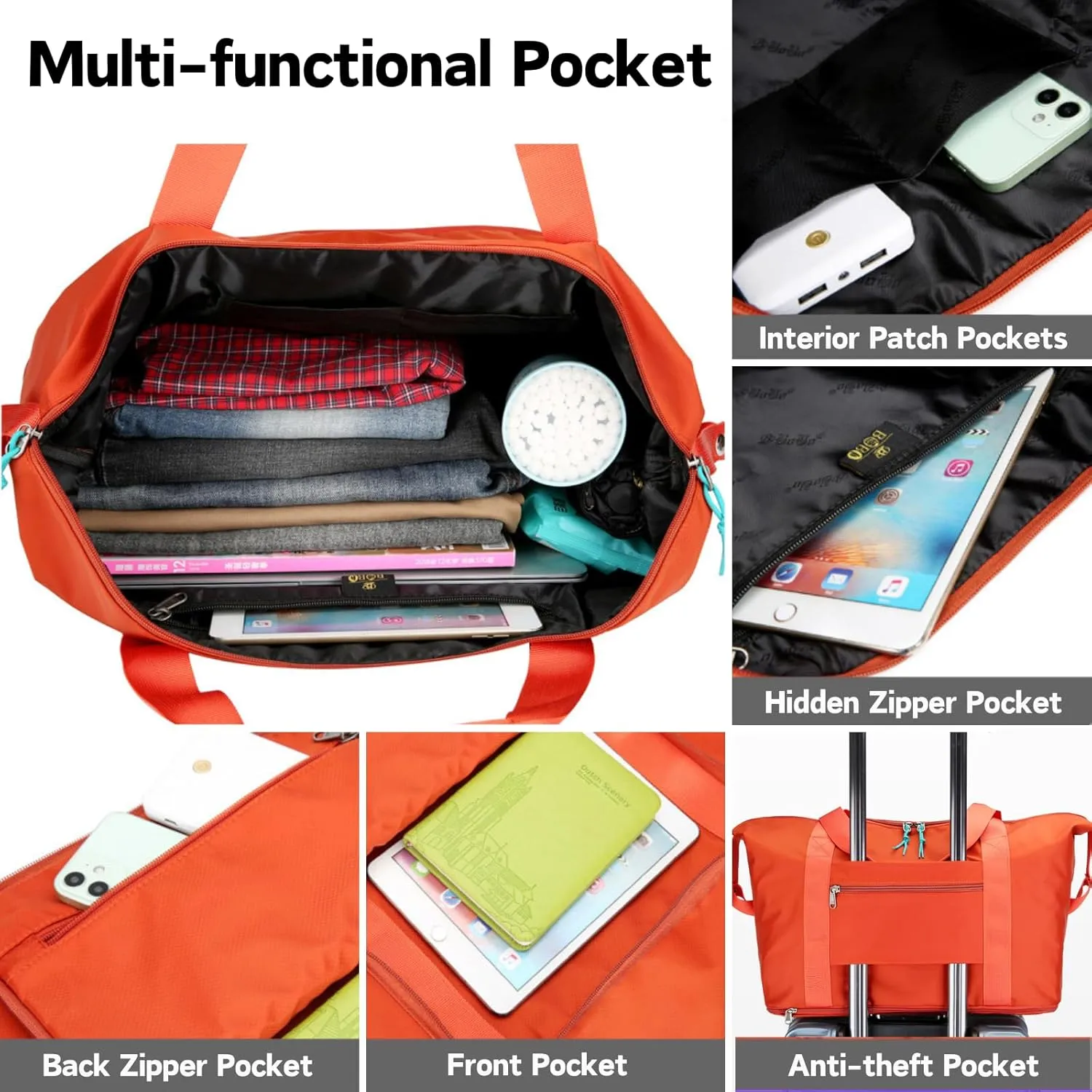 Expandable Travel Duffle Bag for Women Men, Lightweight Foldable Travel Tote Bags Gym Bag, Large Waterproof Carry On Weekender Overnight Bag with Wet Pocket for Workout, Fitness, Shopping Navy Blue