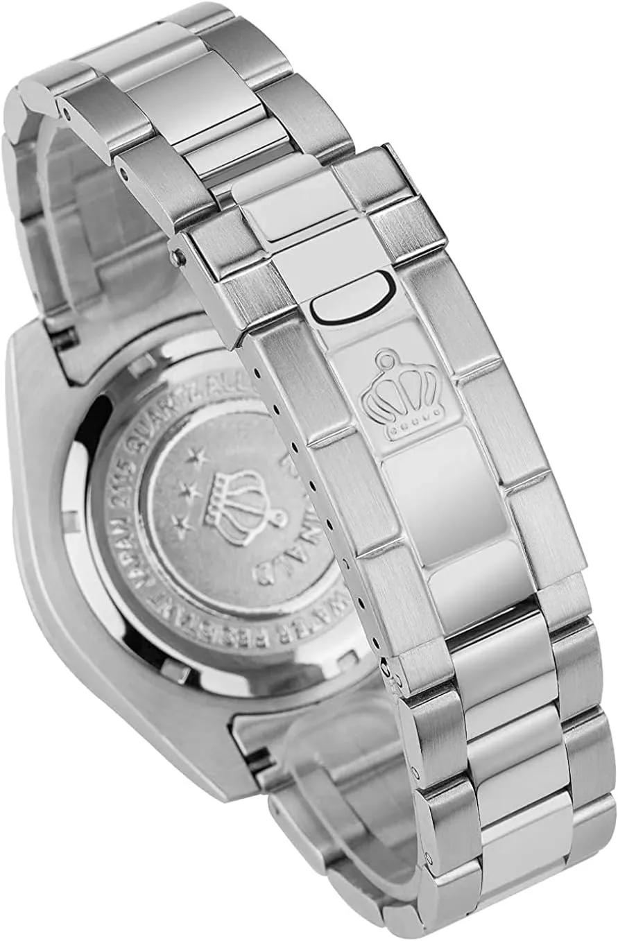 FANMIS Mens Luxury Watches Rotatable Bezel Sapphire Glass Luminous Hand Quartz Silver Tone Stainless Steel Watch