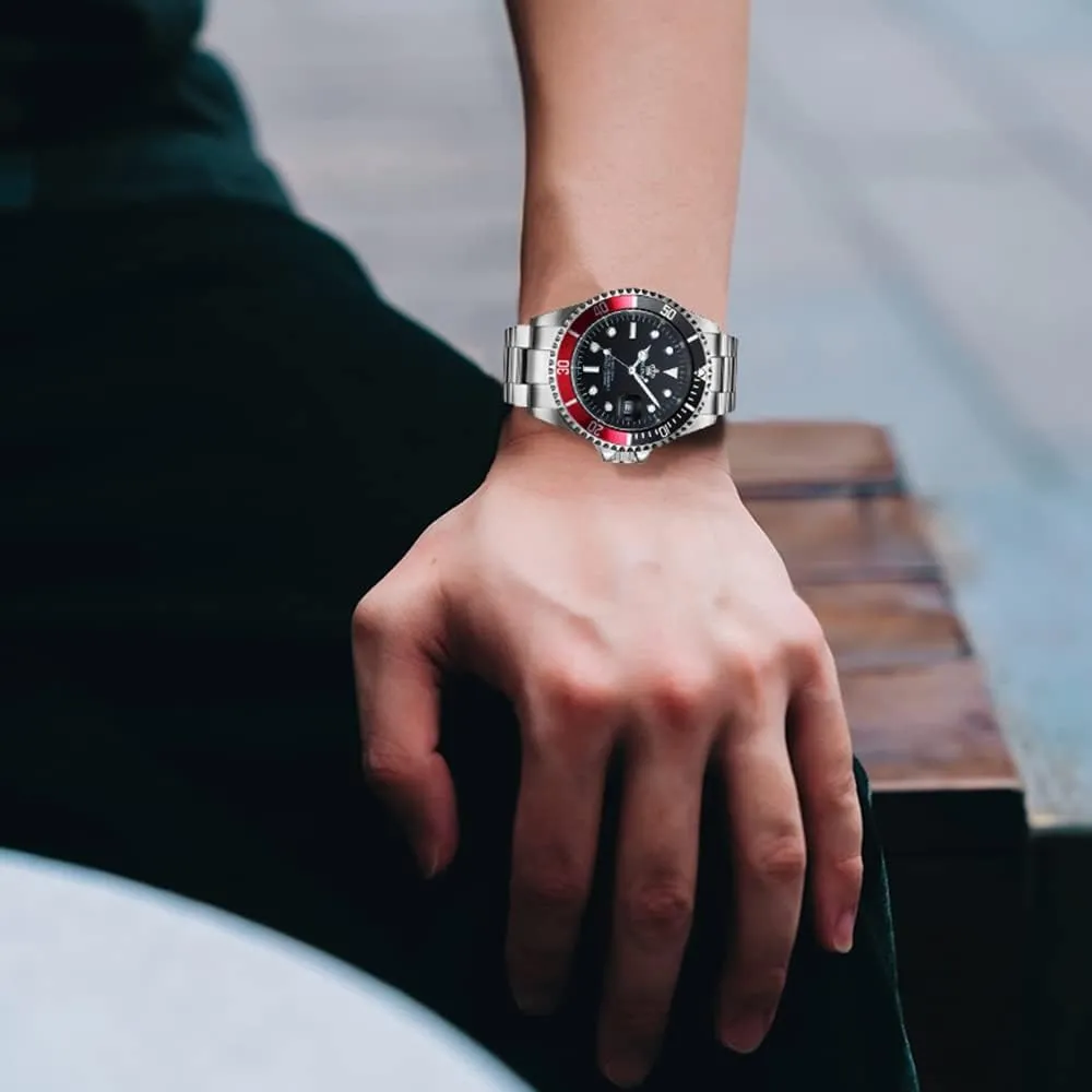 FANMIS Mens Luxury Watches Rotatable Bezel Sapphire Glass Luminous Hand Quartz Silver Tone Stainless Steel Watch