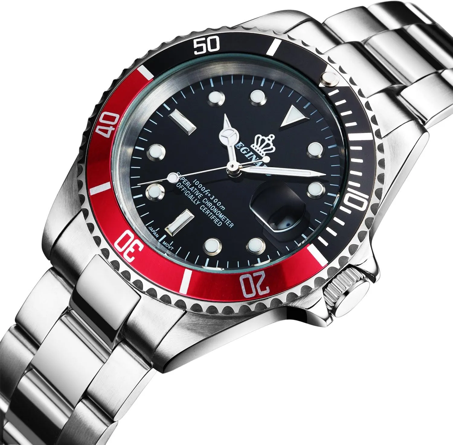 FANMIS Mens Luxury Watches Rotatable Bezel Sapphire Glass Luminous Hand Quartz Silver Tone Stainless Steel Watch