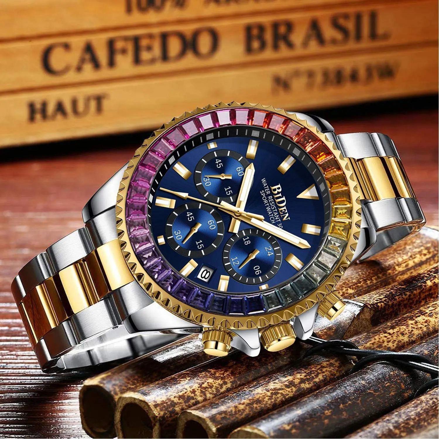 FANMIS Mens Luxury Wrist Watches Luminous Chronograph Analog Quartz Stainless Steel Fashion Waterproof Watch