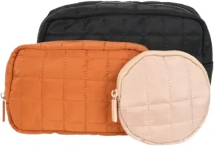 FAWN DESIGN The Quilted Pouch Set, Quilted Makeup Bag Set of 3 with a Zipper Pocket in Each Pouch, Nylon Quilted Bag, Quilted Toiletry Bag, Quilted Cosmetic Bag