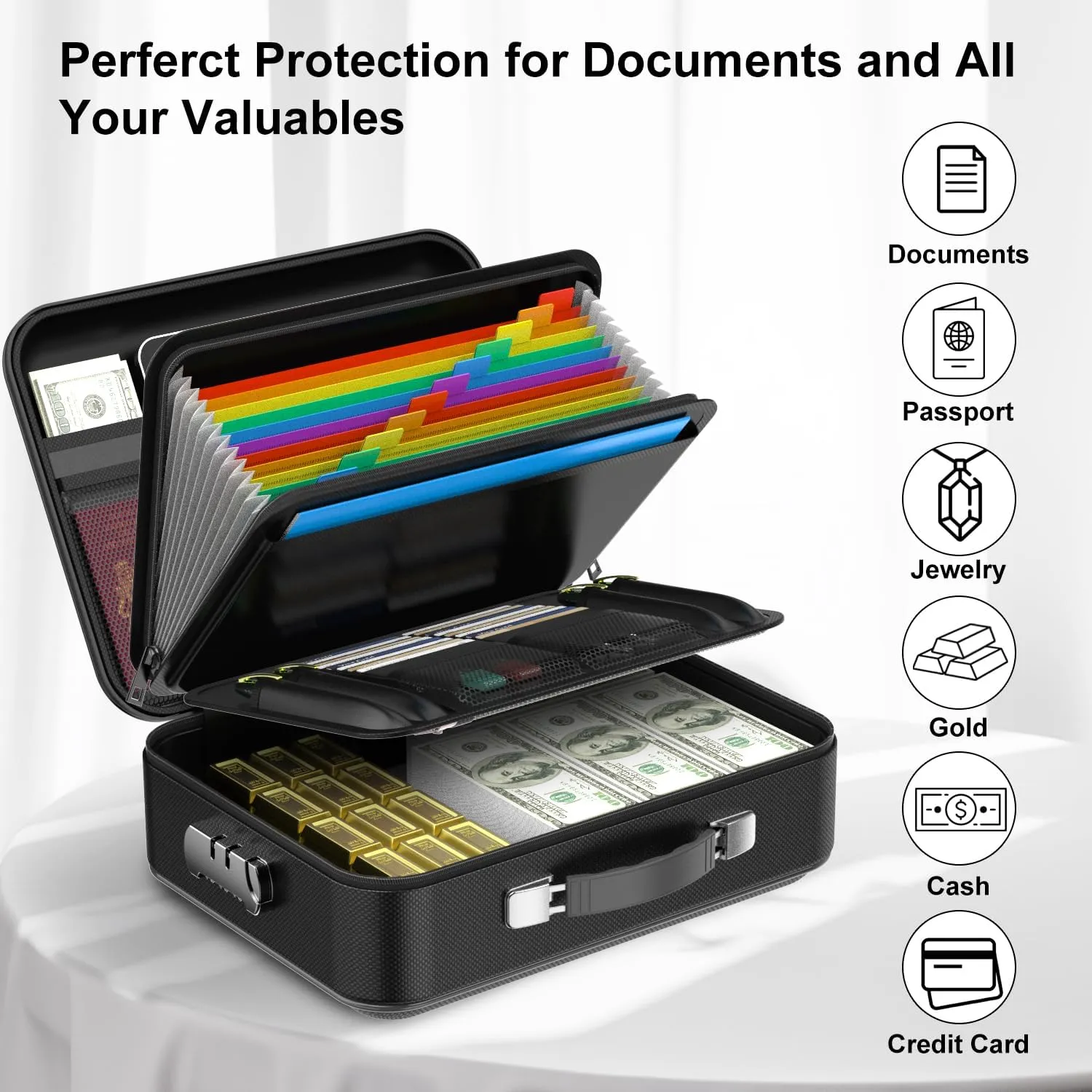 Fireproof Document Box, Hard Case Fireproof File Organizer with Lock Hard-Shell Design Fireproof Water Resistant Safe Box for Important Documents Certificates Laptop Passports Black