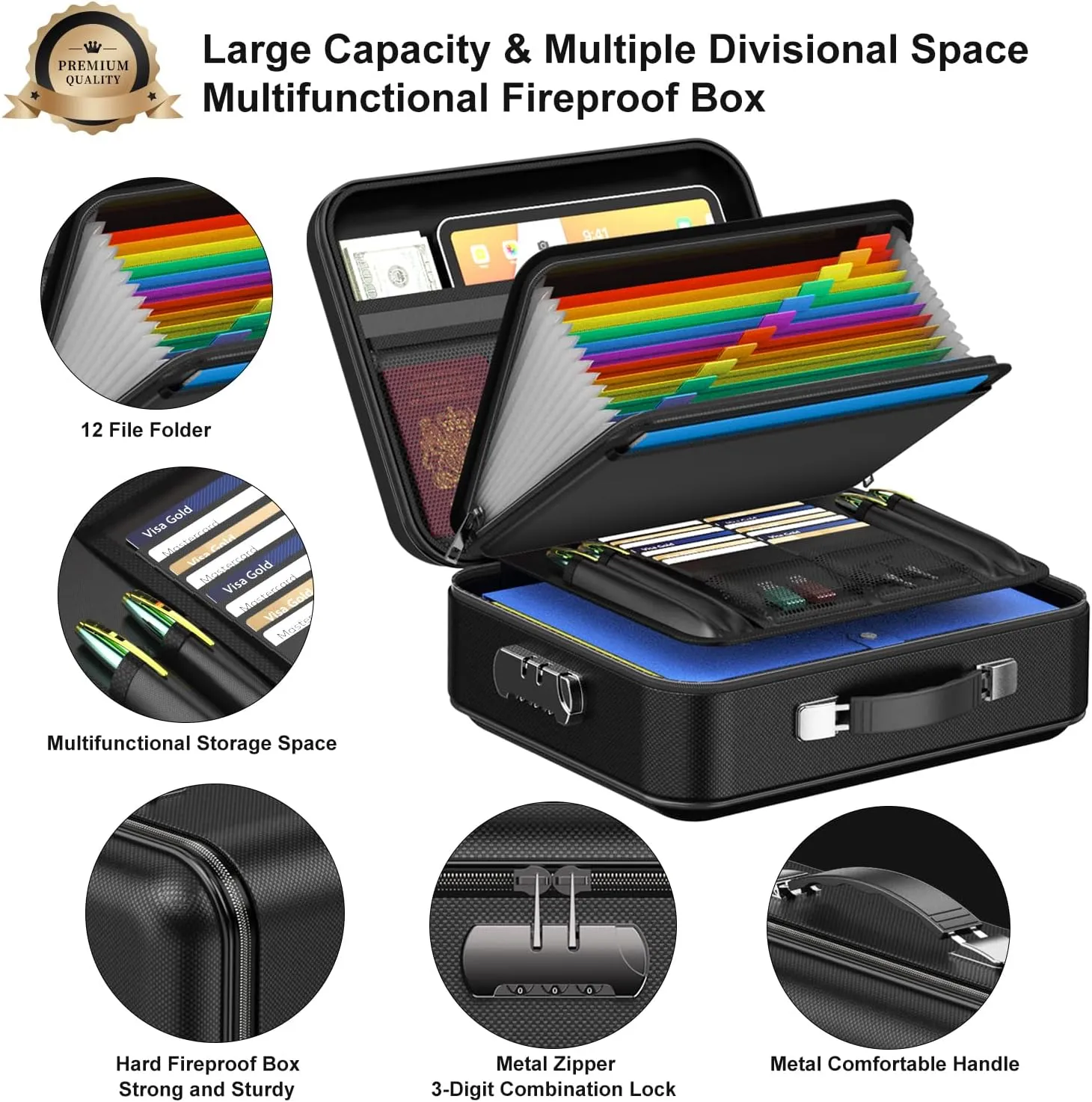 Fireproof Document Box, Hard Case Fireproof File Organizer with Lock Hard-Shell Design Fireproof Water Resistant Safe Box for Important Documents Certificates Laptop Passports Black