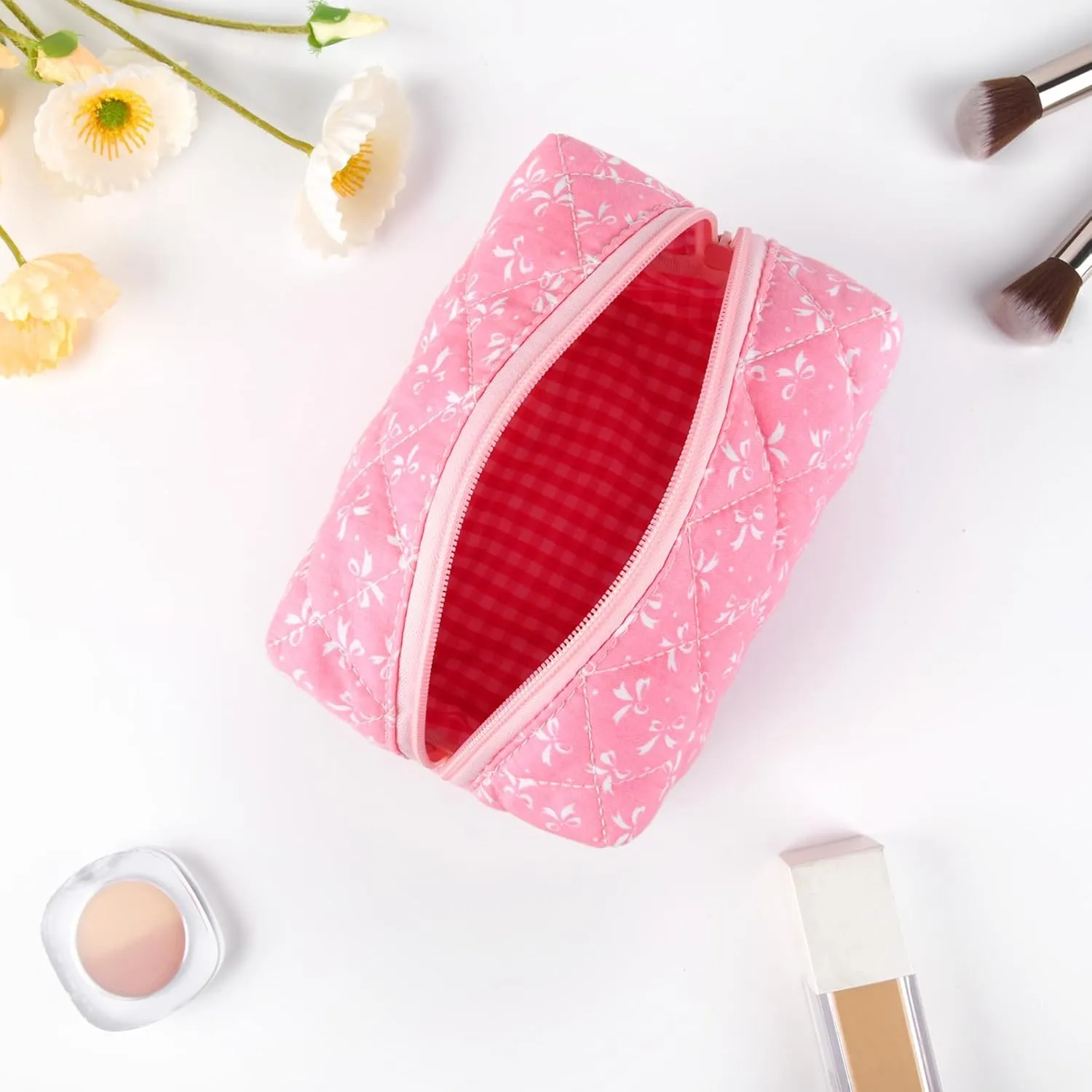 Floral Makeup Bag Small Quilted Cosmetic Bag Cute Makeup Pouch Coquette Makeup Bag Aesthetic Travel toiletry bag Organizer Cotton Makeup Brushes Storage Bag for Women (Pink Bow -S)