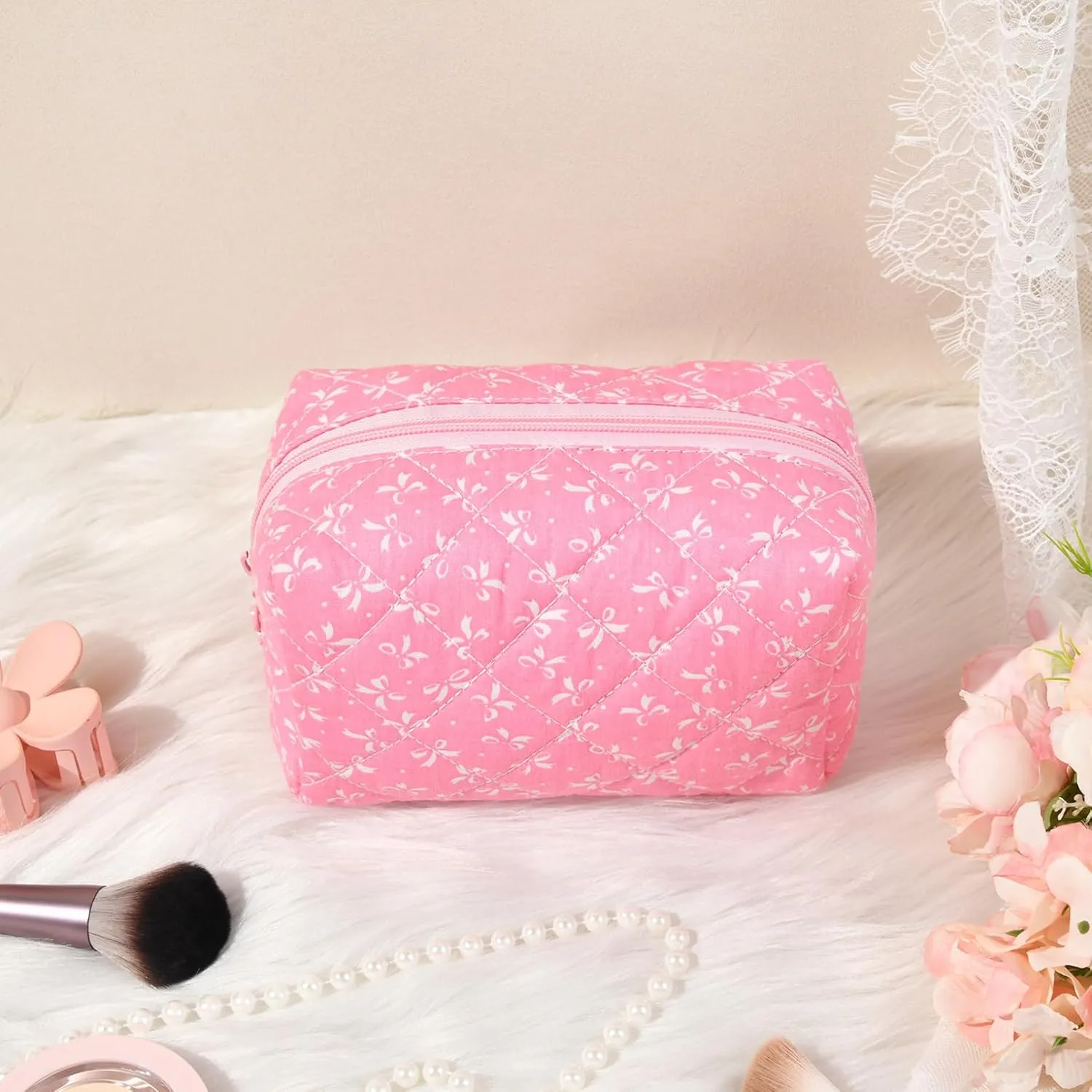 Floral Makeup Bag Small Quilted Cosmetic Bag Cute Makeup Pouch Coquette Makeup Bag Aesthetic Travel toiletry bag Organizer Cotton Makeup Brushes Storage Bag for Women (Pink Bow -S)