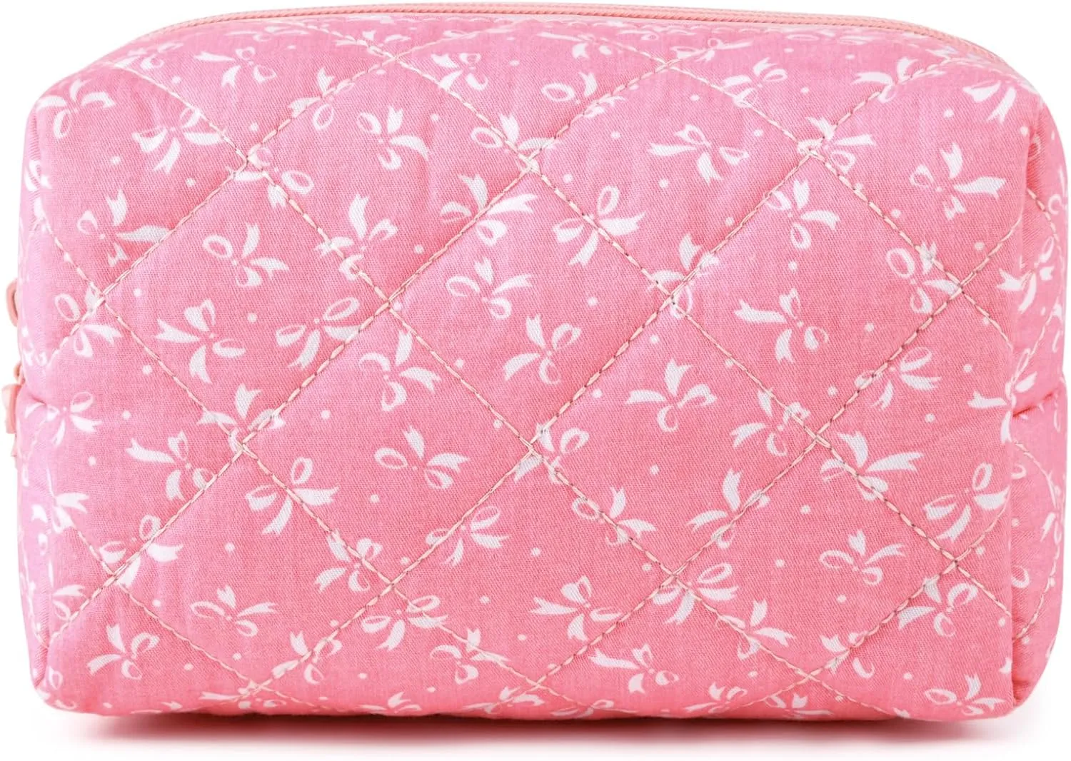 Floral Makeup Bag Small Quilted Cosmetic Bag Cute Makeup Pouch Coquette Makeup Bag Aesthetic Travel toiletry bag Organizer Cotton Makeup Brushes Storage Bag for Women (Pink Bow -S)
