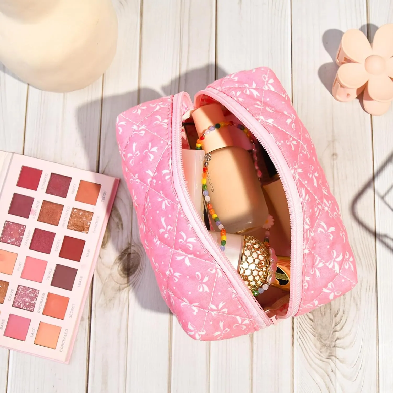 Floral Makeup Bag Small Quilted Cosmetic Bag Cute Makeup Pouch Coquette Makeup Bag Aesthetic Travel toiletry bag Organizer Cotton Makeup Brushes Storage Bag for Women (Pink Bow -S)