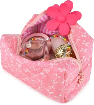Floral Makeup Bag Small Quilted Cosmetic Bag Cute Makeup Pouch Coquette Makeup Bag Aesthetic Travel toiletry bag Organizer Cotton Makeup Brushes Storage Bag for Women (Pink Bow -S)