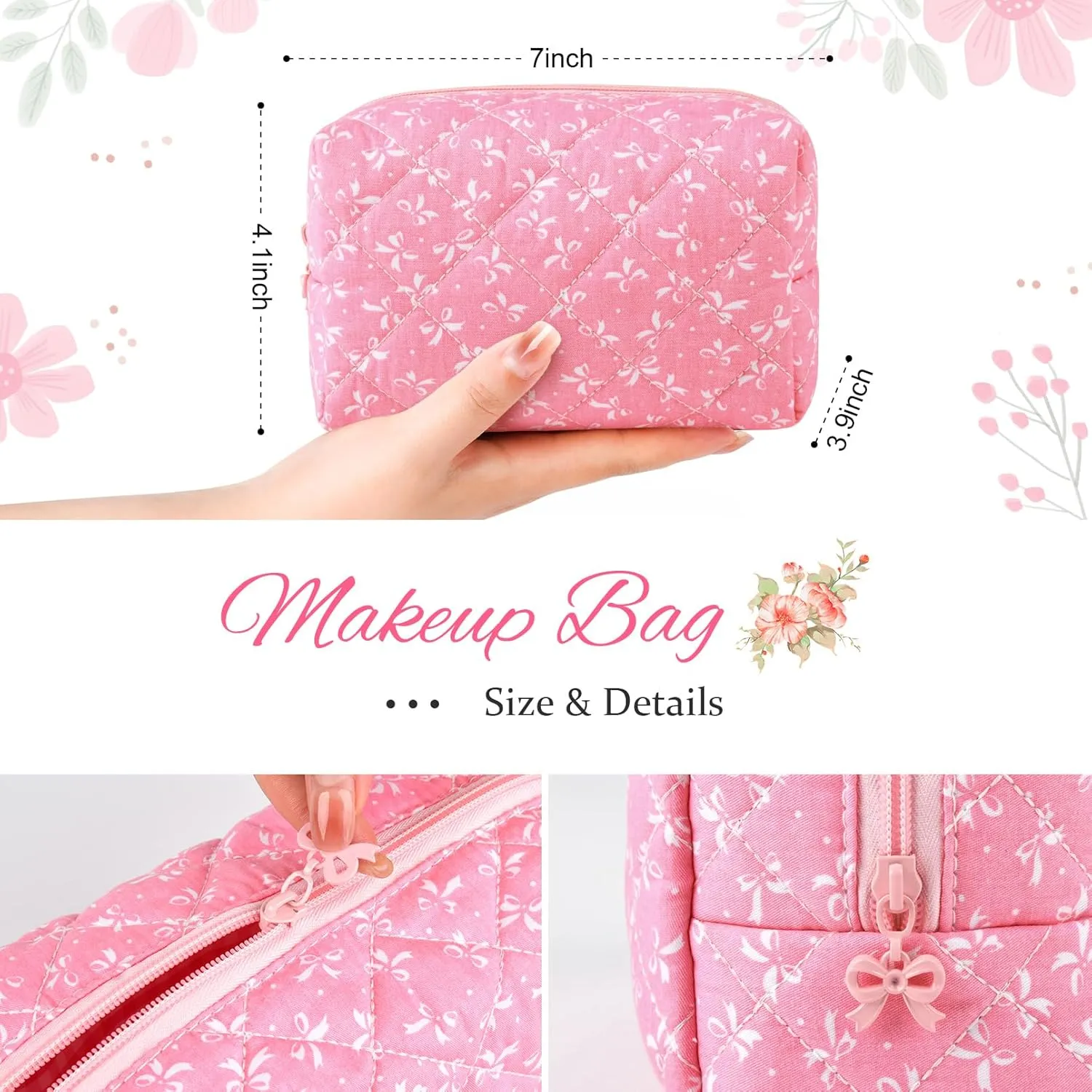 Floral Makeup Bag Small Quilted Cosmetic Bag Cute Makeup Pouch Coquette Makeup Bag Aesthetic Travel toiletry bag Organizer Cotton Makeup Brushes Storage Bag for Women (Pink Bow -S)