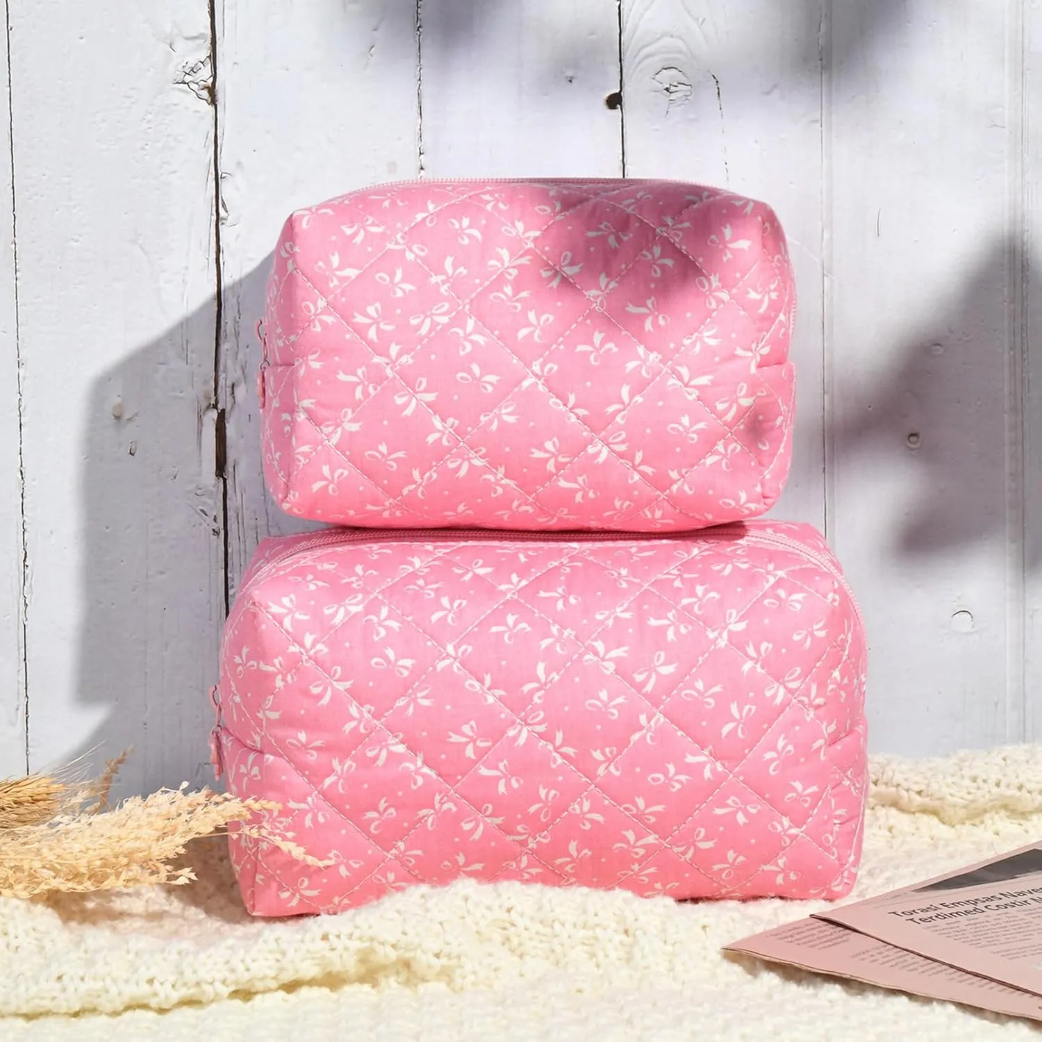 Floral Makeup Bag Small Quilted Cosmetic Bag Cute Makeup Pouch Coquette Makeup Bag Aesthetic Travel toiletry bag Organizer Cotton Makeup Brushes Storage Bag for Women (Pink Bow -S)