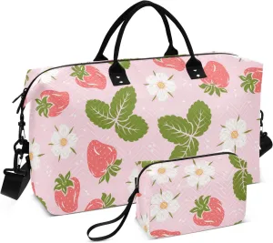 Flowers Pink Strawberry Travel Duffle Bag Duffel Bags Large Weekender Bag Carry On Duffel Bag Gym Bag with Toiletry Bag Garment Duffle Bags for Yoga Women Airplanes Men Adults Trip Sports