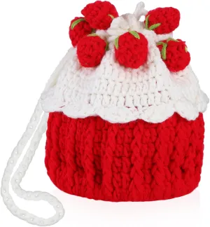 FRCOLOR Strawberry Purse Cake Bun Shape Knitted Drawstring Bag Bucket Bag Crossbody Soft Fruit Theme Purse